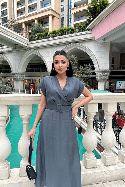 giyimmasalı Modal Fabric Double Breasted Collar Midi Dress - ANTHRACITE