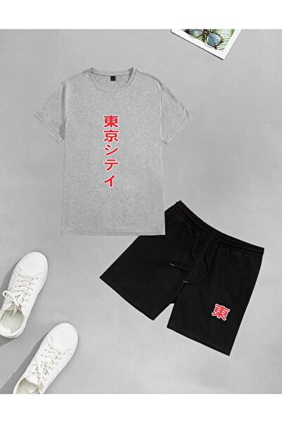 LAND MODA Unisex Κόκκινο Ιαπωνικό εμπριμέ σορτς-μπλουζάκι