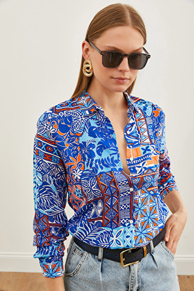 Olalook Dámská tkaná viskózová košile s modrým vzorem Saks GML-19001204