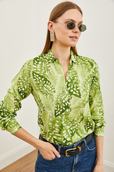 Olalook Γυναικείο πουκάμισο με πράσινο σχέδιο σταγόνας με υφασμένο βισκόζη GML-19001204