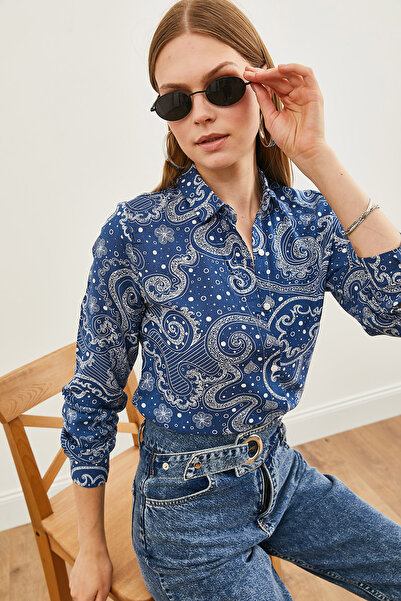 Olalook Dámská šátek námořnická modrá vzorovaná tkaná viskózová košile GML-19001204