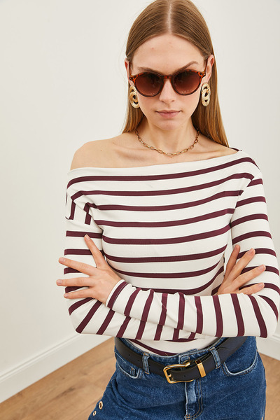 Olalook Damenbluse mit U-Boot-Ausschnitt, gestreift, hochwertig, weich, dehnbar, Pflaumenfarben BLZ-19002448
