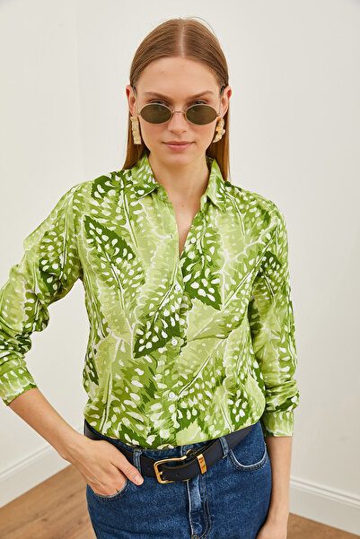 Olalook Γυναικείο πουκάμισο με πράσινο σχέδιο σταγόνας με υφασμένο βισκόζη GML-19001204