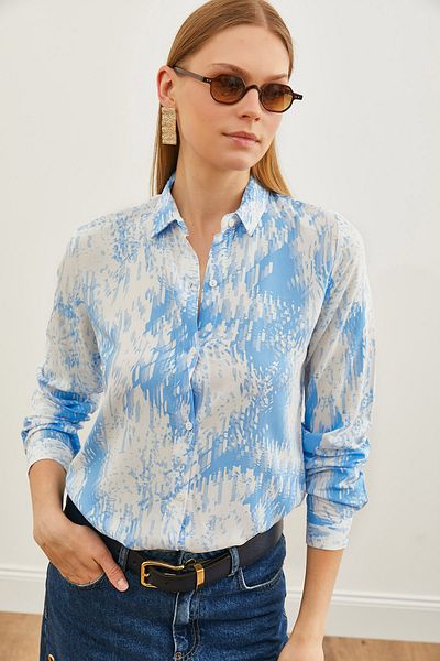 Olalook Cămașă din viscoză țesută cu model geometric geometric albastru GML - 19001204