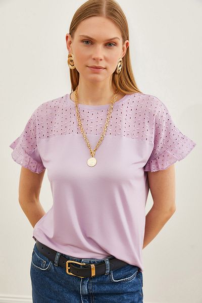 Olalook Tricou cu volan cu mânecă festonată pentru femei liliac BLZ-19000979