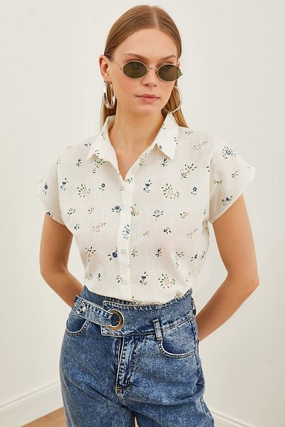 Olalook Women's Ecru Mink Patterned Linen Bat Shirt GML-19001205