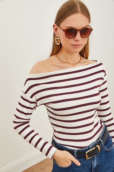 Olalook Γυναικεία ριγέ δαμάσκηνο Premium Soft Touch Boat Neck Stretchy Μπλούζα BLZ-19002448