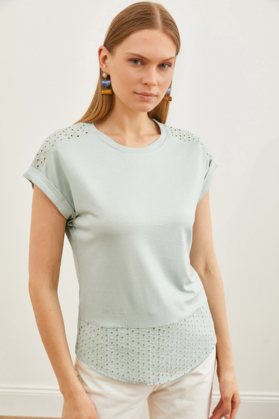 Olalook Γυναικείο Μπλουζάκι Water Green Guipure Detailed TSH-19000190