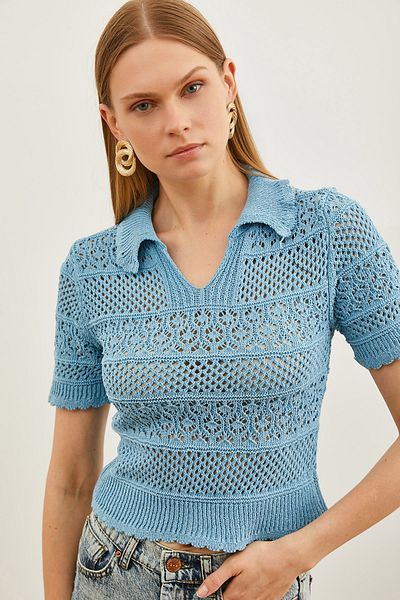 Olalook Γυναικεία πλεκτή μπλούζα Baby Blue Polo λαιμόκοψη κοντομάνικη μπλούζα BLZ-19002509