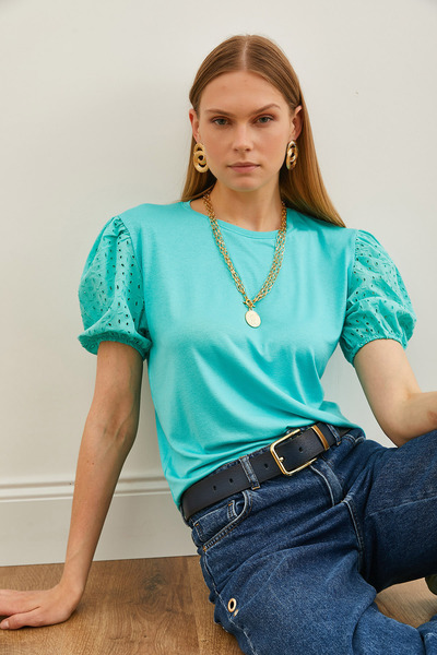 Olalook Γυναικεία μέντα με πράσινο μανίκι μπαλόνι χτένι Λεπτομερής πλεκτή μπλούζα βισκόζης BLZ-19002598