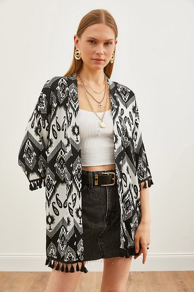 Olalook Schwarzer lässiger Strickkimono mit Troddeln für Damen im Ethno-Stil KMN-00000056