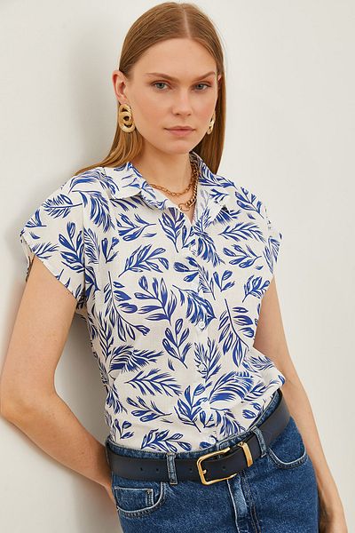 Olalook Women's Leaf Navy Blue Patterned Linen Bat Shirt GML-19001205