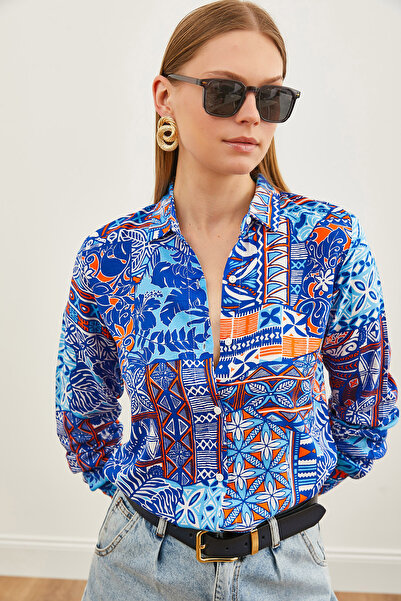 Olalook Dámská tkaná viskózová košile s modrým vzorem Saks GML-19001204
