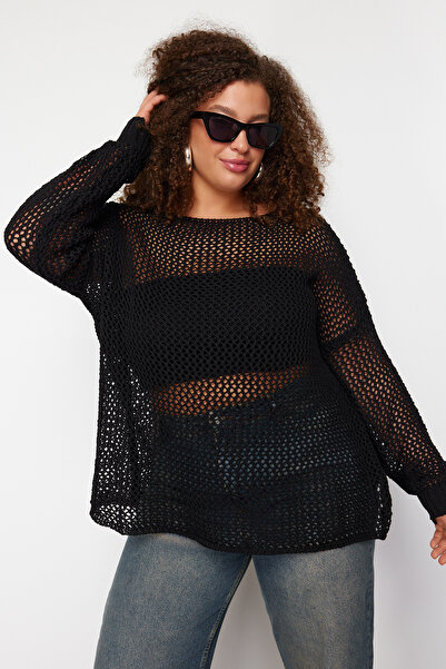 Trendyol Curve Μαύρο πλεκτό πουλόβερ με ανοιχτό διάτρητο/τρύπα TBBSS24AN00001