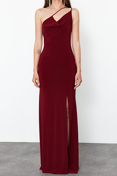 Trendyol Collection Burgundy Strap Detailed Knitted Long Elegant Evening Dress TPRSS24AE00165