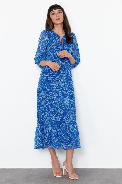 Trendyol Collection Navy Patterned Straight Cut Maxi Lined Chiffon Woven Dress TWOSS24EL00639