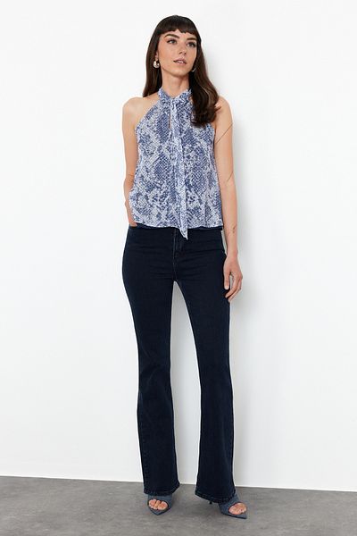 Trendyol Collection Blue Snake Printed - Flexible Knitted Blouse with Tie Detail TWOSS24BZ00491