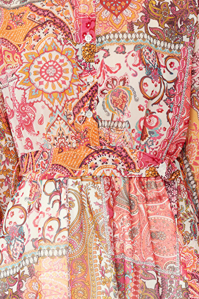 Trendyol Collection Narancssárga virágmintás derékbőséges inggallér Mini bélelt sifon szőtt ruha TWOAW24EL00841