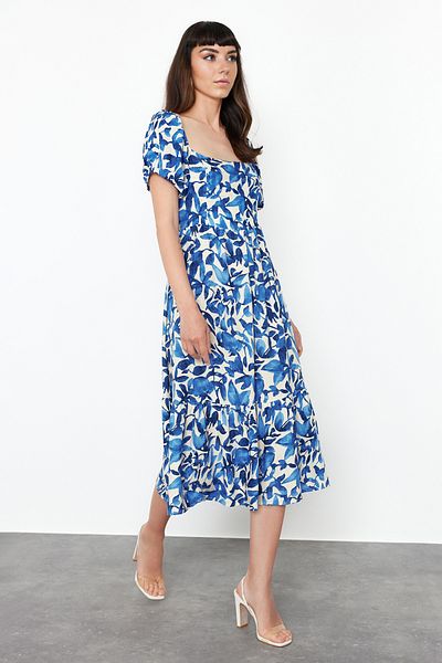 Trendyol Collection Rochie țesută Midi cu deschidere în talie din viscoză cu flori albastre TWOSS24EL00523
