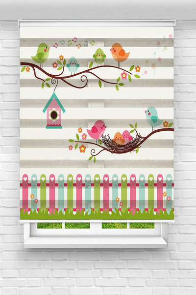 akel collection Çocuk Odası - Renkli Kuşlar ve Çitler Baskılı Zebra Perde01