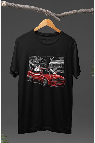 Fuddy Moda Unisex Κόκκινο Μαύρο BMW E30 εμπριμέ μπλουζάκι, εμπριμέ μπλουζάκι με θέμα αγώνες αυτοκινήτου
