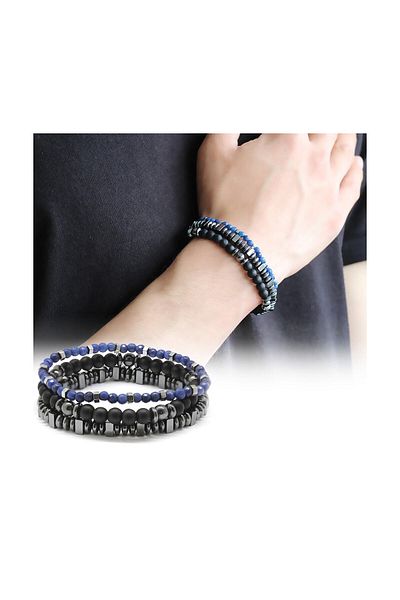 Tesbihane Globe Cut Black Onyx-Lapis-Hematite Combination Natural Stone Bracelet104000542