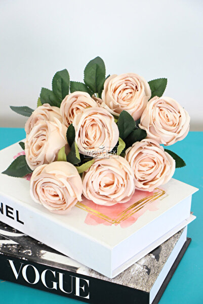 Yapay Çiçek Deposu Изкуствени цветя 9-компонентен букет от рози 42 см прахово екрю