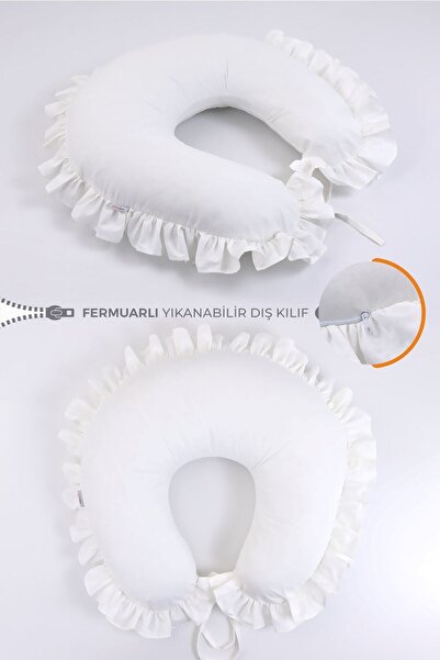 Umaybebek Emzirme Yastığı Minderi, %100 Pamuk Kumaş - Krem Fırfırlı