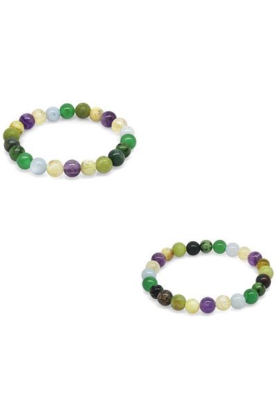 Tesbihane Globe Cut Multiple Natural Stone Combination Women's and Men's Healing Bracelet (Set of 2)