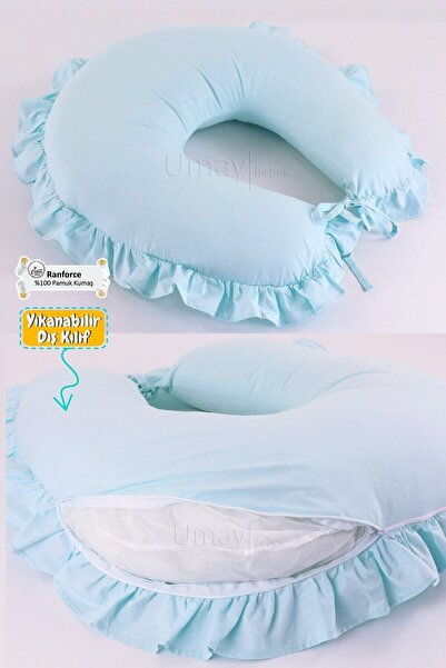 Umaybebek Emzirme Yastığı Minderi - %100 Pamuk - Su Yeşili Fırfırlı