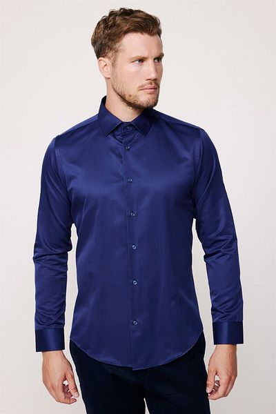 Tudors Slim Fit hosszú ujjú pamut sima férfi sötétkék ing