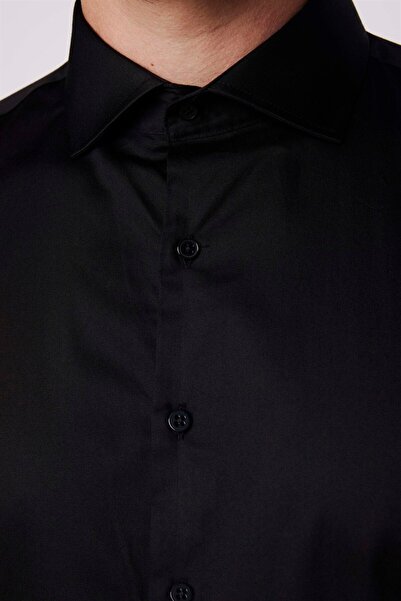 Tudors Ανδρικό μαύρο πουκάμισο με μακρυμάνικο βαμβακερό σατέν Premium με λεπτή εφαρμογή