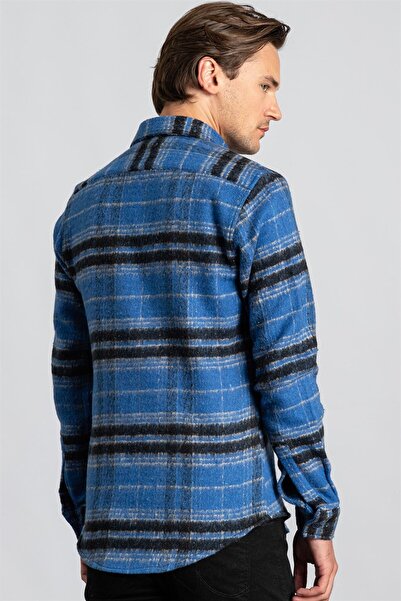 Tudors Slim Fit Uzun Kollu Kareli Kışlık Oduncu Parçalı Model Unisex Mavi Gömlek
