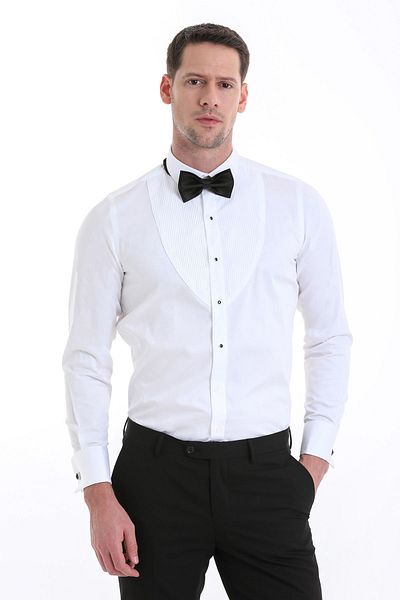 Hatemoğlu Comfort Fit White Slim Collar Cuffed Long Sleeve Satin Shirt