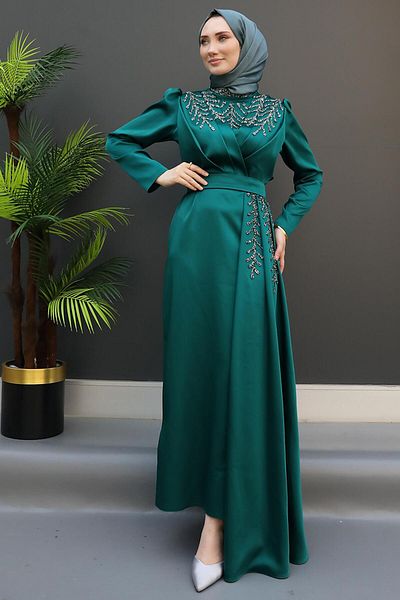 GİZ AGİYİM Cloak Jewelled Satin Evening Dress Emerald