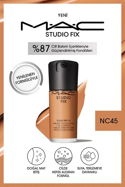 M.A.C Up to 24 Hours Lasting Matte Foundation - Studio Fix Fluid Spf15 - Color: Nc45 - 30ml