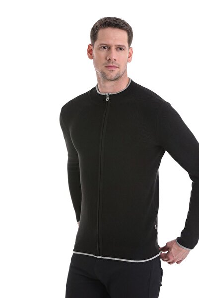 Hatemoğlu Черен плетен кардиган - стандартна кройка, обикновена полуполо яка, цип