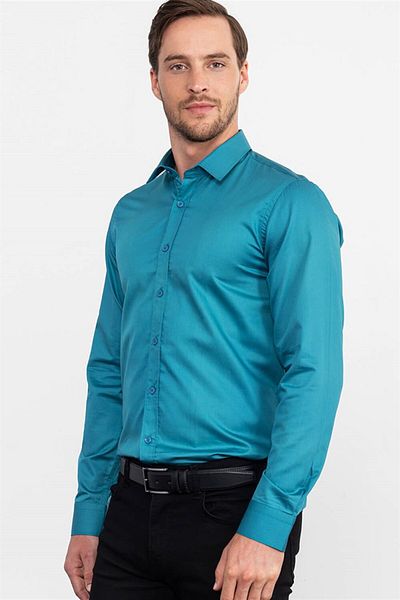 Tudors Pánská košile Slim Fit s dlouhým rukávem, obyčejná, tenká, bavlněná, saténová