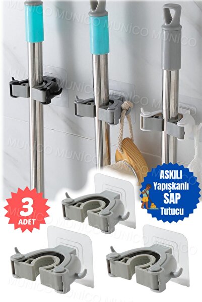 Munico 3 Adet Süpürge Kancası Tutucu Duvara Montaj Paspas organizatör  Paslan...