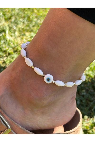 ByMerve Bym314 Elegant And Stylish Bone White Evil Eye Bead Women's Anklet