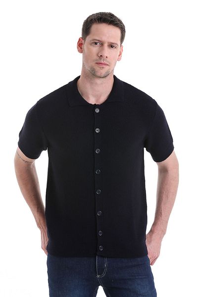 Hatemoğlu Navy Blue Regular Fit - Ζακέτα με κοντό μανίκι με μασίφ κουμπιά