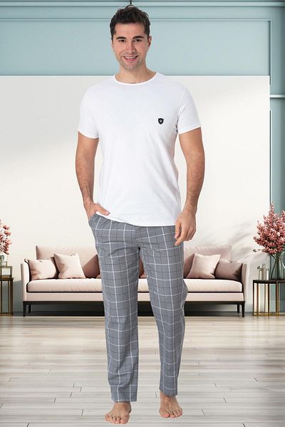 Mecit Pijama Set de pijamale cu mâneci scurte în carouri pentru bărbați de mărime mare - 95% bumbac 5% lycra