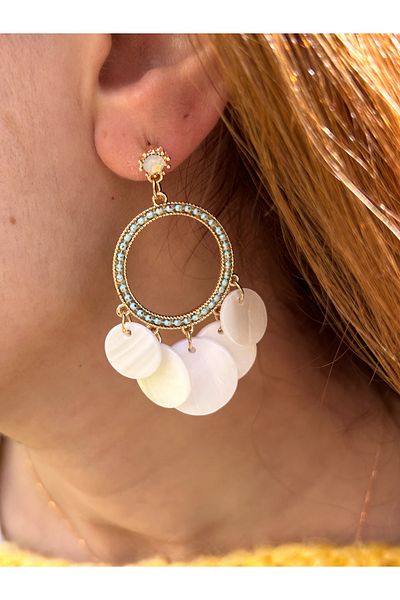ByMerve Bym124 Evening Dress Design Mother of Pearl Jewelled White Gift Women's Steel Earrings with Tassels