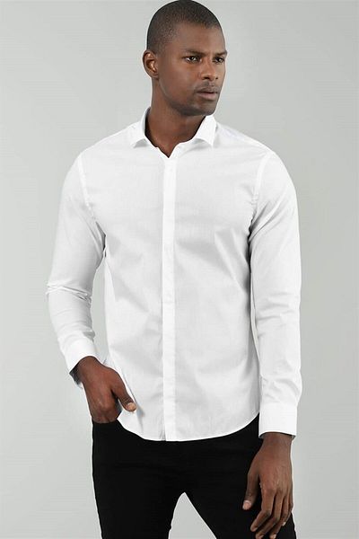 Tudors Super Slim Fit Μακρυμάνικο Βαμβακερό Lycra Ανδρικό λευκό πουκάμισο