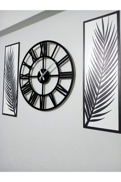 Yoko Home Siyah Beyaz, 3 Parçalı Palmiye ve Saat Duvar Dekor Seti