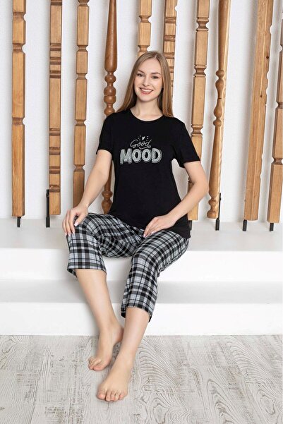 bie's Women's Black Plaid Buttonless Crew Neck Viscose Short Sleeve Pocket Ca...