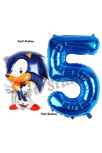 Parti Station Fox Sonic 5 Year Old Birthday Set - Sonic Boom Concept Balloon and Dark Blue Number Balloon