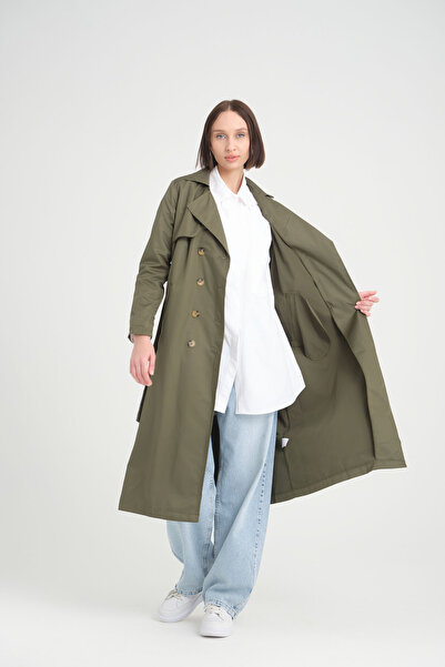 MODAQU Dwurzędowy długi trencz w kolorze khaki