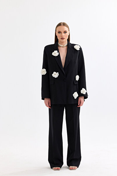 Bohai Design Special Design Rose Flower Detailed Black and White Pants Jacket Set