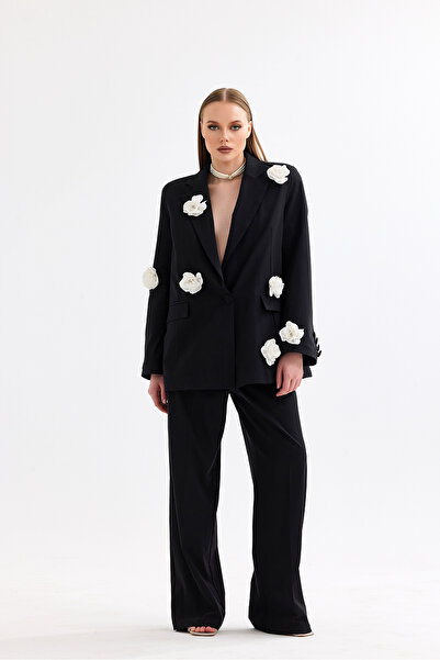 Bohai Design Special Design Rose Flower Detailed Black and White Pants Jacket Set